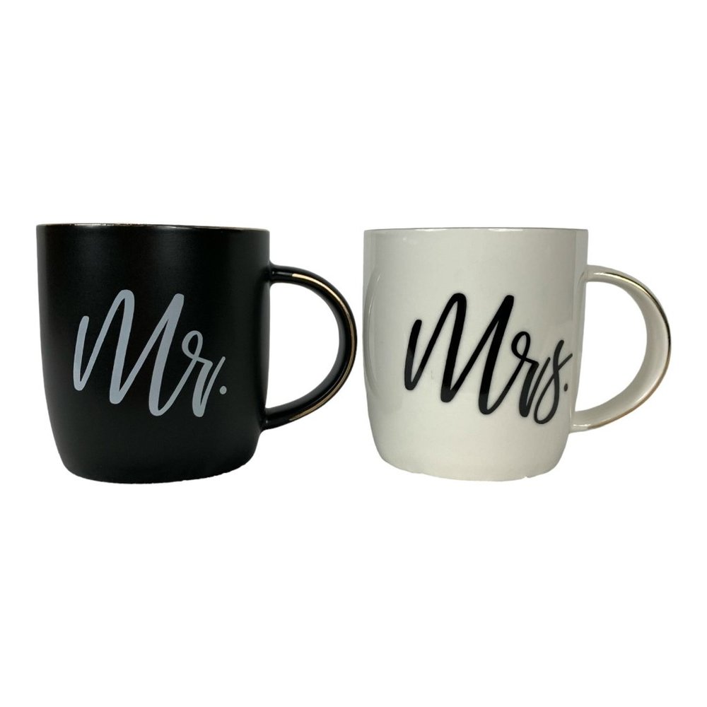 Triple Gifffted Mr and Mrs Ceramic Coffee Mugs 12 oz Black White Gold  Rim